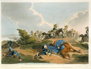 الأمير Blucher تحت حصانه في معركة واترلو ، نقش ماثيو دوبورج (fl.1813-20) من "الحكايات التاريخية والعسكرية والبحرية". بواسطة إدوارد أورم (1774-ج 1820) 1815 (أكواتينت) بواسطة جون أوغستوس أتكينسون