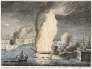 حرق الفريج الأمريكي [فيلادلفيا] فيلادلفيا في مرفأ طرابلس ، 1805 (نقش بخط ملون على ورق مسدود) بواسطة جون ب. جورازي