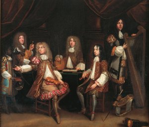 The Crimson Bedchamber, portrait group of gentlemen with musical instruments, traditionally said to depict the Cabal Ministry of King Charles II (oil on canvas) بواسطة جون بابتيست دي ميدينا