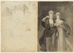 رسم تخطيطي للرؤوس ، يسار ، مقابل امرأتين ، اليمين ، ج. 1770-1775. بواسطة جون براون