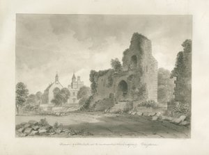 قلعة ألتون و "مدرسة الدير الجديدة": رسم بني داكن ، 1847 بواسطة جون باكلر