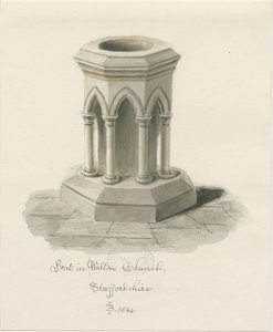 Font in Walton-on-the-Hill Church: sepia wash drawing بواسطة جون باكلر