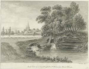 كاتدرائية ليتشفيلد - المنظر الشرقي: رسم بني داكن ، 1844 بواسطة جون باكلر
