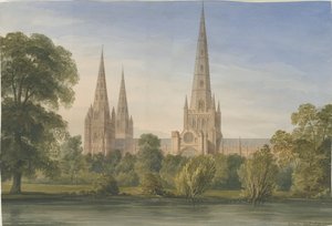 كاتدرائية Lichfield - منظر جنوبي شرقي شرقي: لوحة ألوان مائية ، 1842 بواسطة جون باكلر