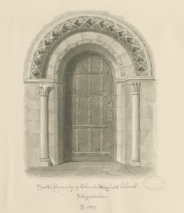 كنيسة مايفيلد - المدخل الجنوبي: رسم يغسل بني داكن ، 1839 بواسطة جون باكلر