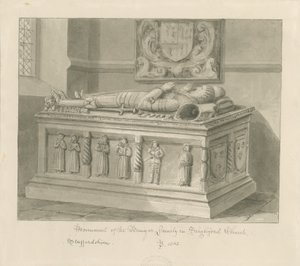 كنيسة Seighford - قبر وليام وميرسي بوير: رسم غسل بني داكن ، 1842 بواسطة جون باكلر