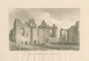 قلعة توتبري - أطلال من الفناء الداخلي: رسم بني داكن ، 1812 بواسطة جون باكلر