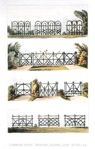 أسوار خشبية وبوابات وعقبات من خشب Coppice ، من "مستودع الفنون" لأكرمان ، نُشر عام 1823 (لون ليثو) بواسطة جون بوناروتي بابوورث