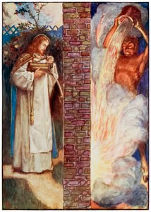 المسيح والشيطان من الحجاج يتقدمون من هذا العالم ، إلى ما سيأتي به جون بونيان (1628-1688) رسم بيام شو (1872-1919) يظهر النار في الحائط. يحاول الشيطان بواسطة جون بيام ليستون شو