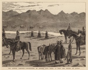 الحملة الأفغانية ، ترحيل السردار إلى الهند ، وقف للصلاة في الغروب بواسطة جون تشارلز دولمان