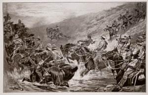 The Dash for Kimberley - The 10th Hussars Crossing Klip Drift بعد رسم تخطيطي من قبل GD Giles (fl.1890) بواسطة جون تشارلتون