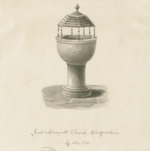 Font in Draycott in the Moors Church: sepia drawing بواسطة جون شيسيل بكلر