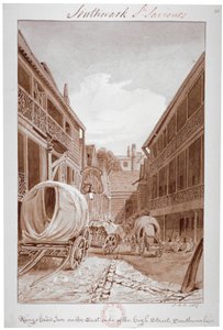"King's Head Inn on the East Side of the High Street، Southwark" ، لندن ، ١٨٢٧. بواسطة جون شيسيل بكلر