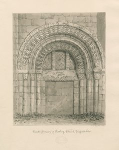 كنيسة Tutbury Priory - المدخل الجنوبي: رسم بني داكن ، 1812 بواسطة جون شيسيل بكلر