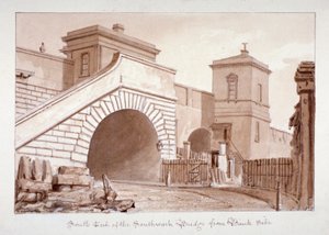 منظر للنهاية الجنوبية لجسر ساوثوارك من بانكسايد ، ساوثوارك ، لندن ، 1828 بواسطة جون شيسيل بكلر