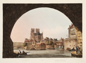 جسر فندق Dieu وكنيسة نوتردام ، رسم توضيحي من حانة فرساي وباريس وسانت دينيس. 1805 (أكواتينت) بواسطة جون كلود ناتس