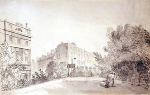 منظر لميدان فيتزروي مع شخصين يسحبان بكرة حديقة ، حوالي 1808 (حبر وغسل على ورق) بواسطة جون كلود ناتس