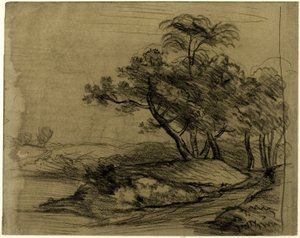 ضفة النهر مع الأشجار (على الوجه)؛ قطيع من الماشية تحت الأشجار، مع رسم تخطيطي داخلي للمناظر الطبيعية (على الوجه) بواسطة جون كونستابل