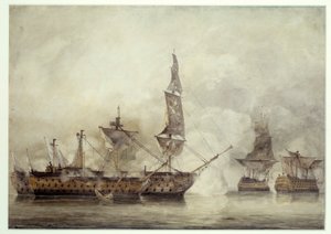 "النصر" له ترافالغار بين سفينتين فرنسيتين (1805). رسم جون كونستابل (1776-1837) بواسطة جون كونستابل