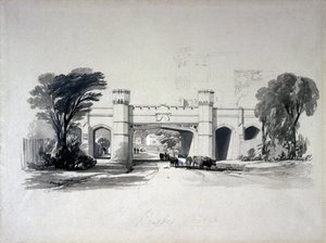 جسور السكك الحديدية للرجبي كما تُرى من الطريق ، وارويكشاير ، أبريل 1839 (قلم وحبر وغسل على ورق) بواسطة جون كوك بورن