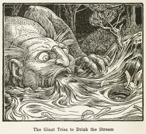العملاق يحاول شرب التيار ، من حانة Europa Fairy Book. 1916 (نقش) بواسطة جون ديكسون باتن