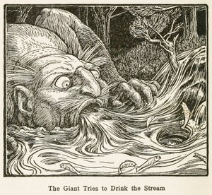 العملاق يحاول شرب التيار ، من حانة Europa Fairy Book. 1916. بواسطة جون ديكسون باتن