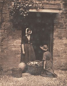 [امرأتان ، واحدة راكعة وواحدة ، تنظر في سلة مليئة بالخضروات] ، 1853-56.