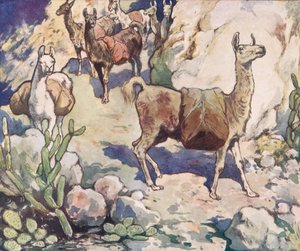 الألبكة على طريق جبلي ، رسم توضيحي من "Helpers Without Hands" بقلم غلاديس ديفيدسون ، نُشر عام 1919 (ليثو ملون) بواسطة جون إدوين نوبل