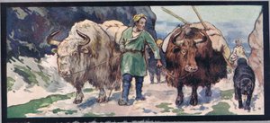 الياك الجبلي ، رسم توضيحي من "Helpers Without Hands" بقلم غلاديس ديفيدسون ، نُشر عام 1919 (لون ليثو) بواسطة جون إدوين نوبل