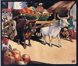 الثيران يسحب عربة ، رسم توضيحي من "Helpers Without Hands" بقلم غلاديس ديفيدسون ، نُشر عام 1919 (ليثو ملون) بواسطة جون إدوين نوبل