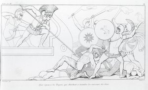 أياكس يصد أحصنة طروادة الذين يسعون لحرق السفن اليونانية. رسم جون فلاكسمان (1755 - 1826). إلياذة هوميروس. الغناء الخامس عشر. بواسطة جون فلاكسمان