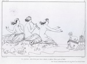 تسعى حوريات البحر من خلال أغنيتهم إلى جذب أوليسيس. رسم جون فلاكسمان (1755 - 1826). ملحمة هوميروس. الأغنية الثانية عشر.