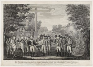 يسلم البريطانيون أسلحتهم للجنرال: واشنطن بعد هزيمتهم في يورك تاون في فيرجينيا أكتوبر 1781. بواسطة جون فرانسيس (بعد) رينو