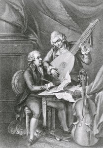 صورة فرانز جوزيف هايدن (1732-1809) و فولفجانج أماديوس موتسارت (1756-1991) يؤلفان موسيقى العود ، نقشتها ميشيل بنديتي (1745-1810) بواسطة جون فرانسيس ريود
