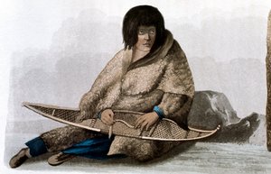فتاة هندية نحاسية تقوم بإصلاح حذاء ثلجي ، 1823