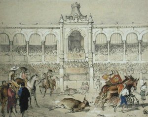 إشبيلية مصارعة الثيران: إزالة الثور الميت من الحلبة ، من "اسكتشات إسبانيا" ، نقشها تشارلز جوزيف هولمانديل (1789-1850) ، نُشر عام 1836 (ليثو ملون) بواسطة جون فريدريك (بعد) لويس