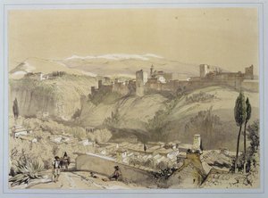 قصر الحمراء من ألباي ، من "اسكتشات ورسومات قصر الحمراء" ، نقشها جيمس دوفيلد هاردينج (1798-1863) ، 1835 بواسطة جون فريدريك لويس
