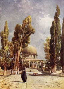 قبة الصخرة (مسجد عمر) كما تُرى من الرواق على الجانب الشمالي من مسجد الأقصى