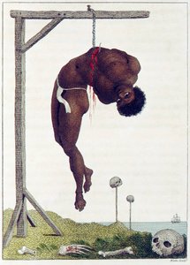 علق شخص أسود حيا من الضلوع إلى حانة المشنقة. 1796.