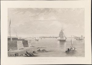خليج وميناء نيويورك من جزيرة بيدلون [بيدلو] ، نقشها جيمس سميلي ، حوالي 1840 (نقش)