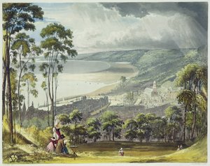 منظر لـ Honfleur ، من "مناظر على نهر السين" ، منقوش بواسطة توماس ساذرلاند (مواليد 1785) نشره R. Ackermann (1764-1834) 1821 بواسطة جون جندال