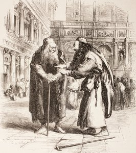 رسم توضيحي لتاجر البندقية ، يلتقي Shylock و Tubal في الشارع ، الفصل الثالث ، المشهد الأول ، من "مكتبة شكسبير المصورة" ، تم نشره في لندن عام 1890 بواسطة جون جيلبرت