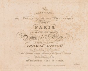 مجموعة مختارة من عشرين من أجمل المناظر في باريس وضواحيها: صفحة العنوان ، 1803. بواسطة جون جيرتن