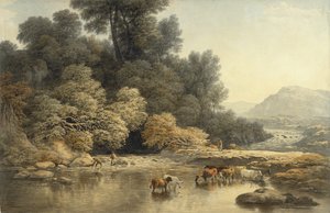 المناظر الطبيعية التلال مع النهر والماشية ، c.1810 (مرحاض فوق الجرافيت على ورق منسوج)