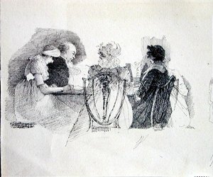 تجمع على طاولة (قلم وحبر على ورق) (تفصيل 143433) بواسطة جون هاردن