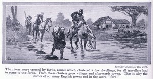 إنجلترا في العصور الوسطى. عبرت المعابر الأنهار ، وحولها عدد قليل من المساكن والقرى ، ج 1950 بواسطة جون هاريس فالدا
