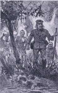أطلق ليفنجستون النار على الأسد ، لكن الأسد هاجمه وعض كتفه وكسر ذراعه اليسرى ، Newnes Pictorial Knowledge الذي نشره نيونز ، حوالي خمسينيات القرن العشرين (litho) بواسطة جون هاريس فالدا
