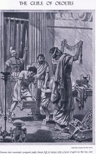 مذنب Oroetes: ثمانية صناديق من الأحجار مع طبقة من الذهب في الأعلى ، تظهر لرسول Polycrates ، c.1950 بواسطة جون هاريس فالدا