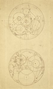 حركة H.4 ، ناظما طول خط الطول صممه ورسمه جون هاريسون ، c.1760-72 (حبر على ورق)