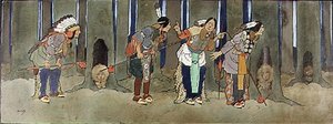 لا تهبط أبدًا: الهنود الحمر يحرسون الأطفال من القراصنة ، رسم توضيحي من "بيتر بان" ، حوالي 1906 بواسطة جون هاسال